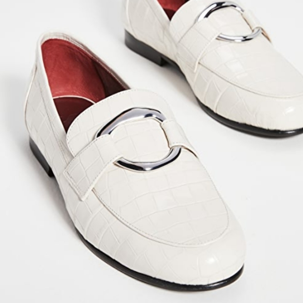 STAUD White Croc-Embossed Loafers with Silver Buckle